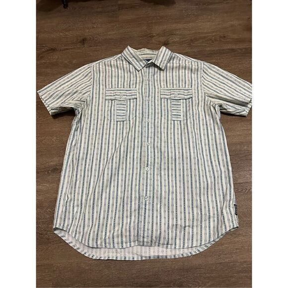 Prana Mens Striped Geometric Button Up Shirt Chest Pockets Organic Cotton Sz M - Picture 1 of 9
